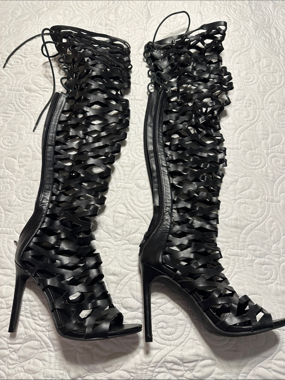 Charlotte Russe Black Gladiator Lace-Up Knee-High Heeled Boots